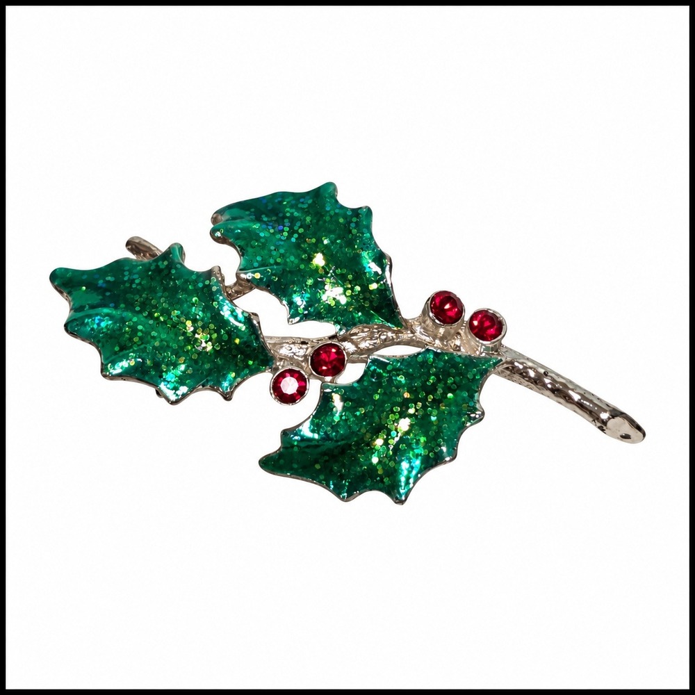 Vintage AA Christmas Holly Berry Brooch Pin Silver Tone Green Enamel Red Stones